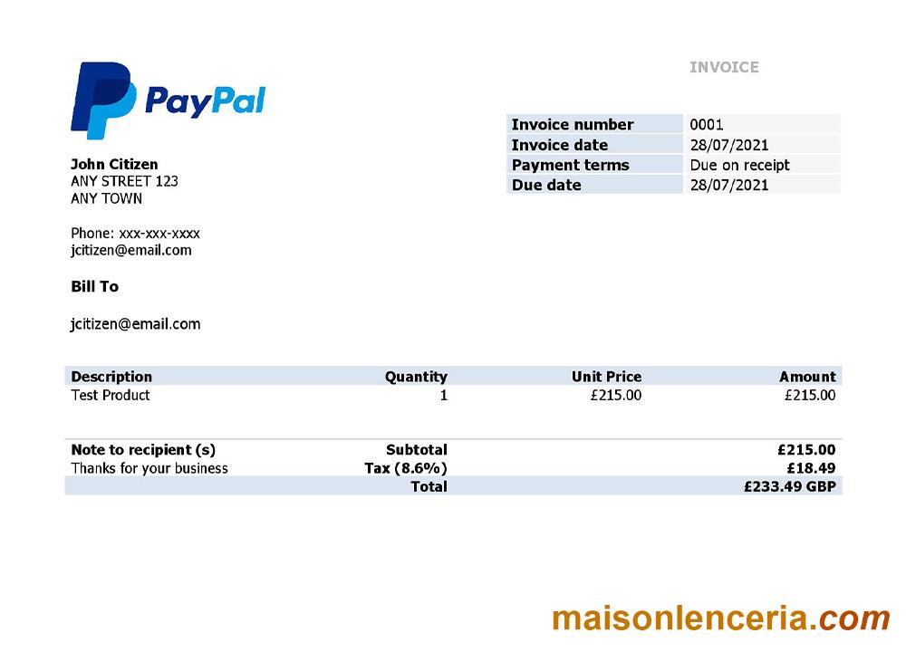 USA PayPal faktura Word i PDF szablon
